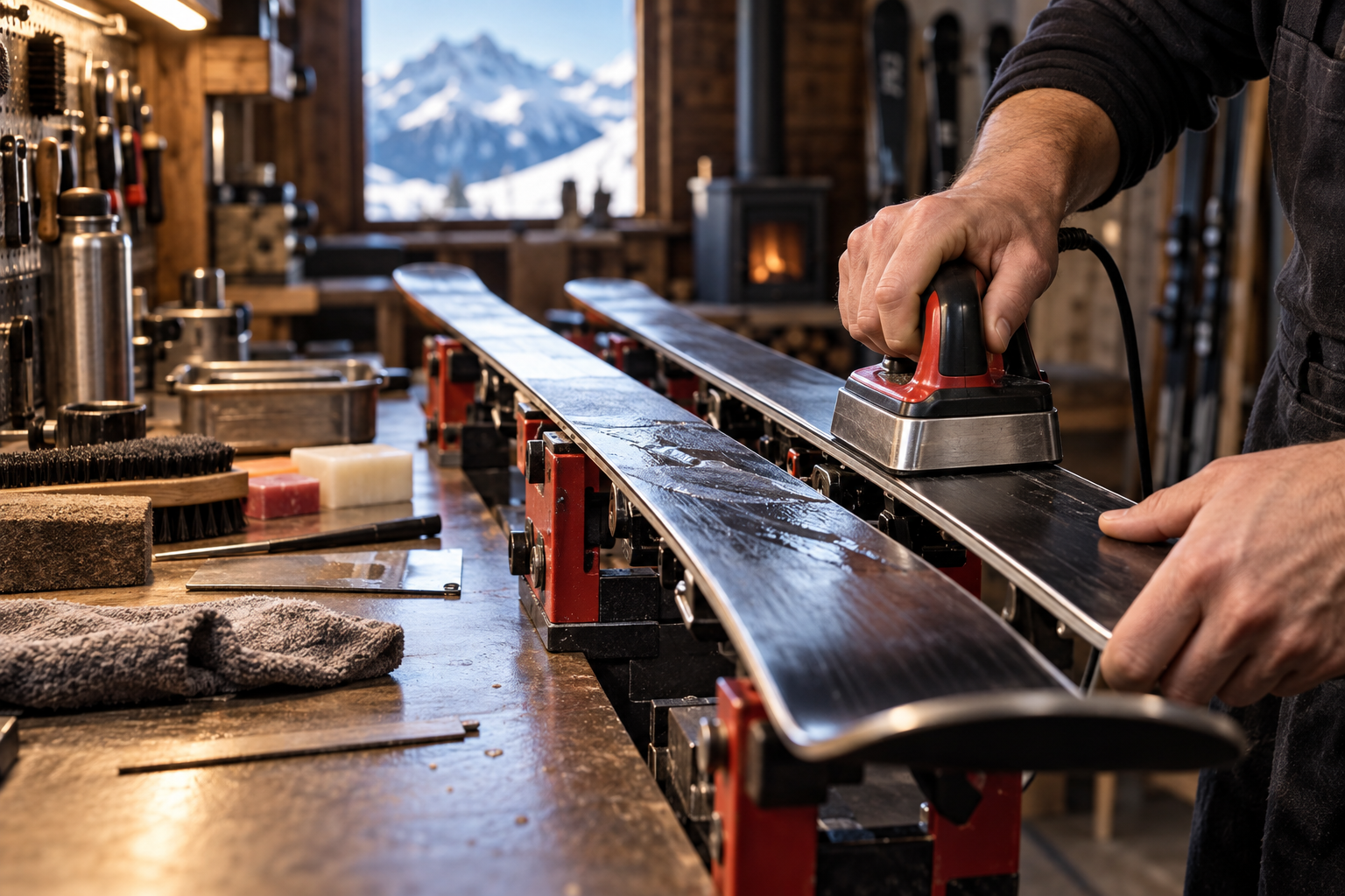 Fachgerechte Pflege eines Skibelags in der Werkstatt